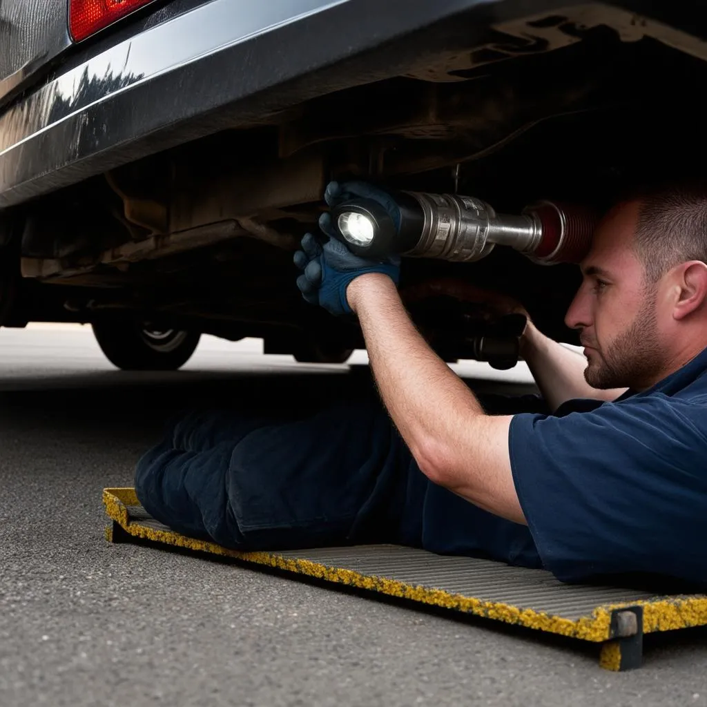 Mechanic inspecting the undercarriage of a vehicle for fuel leaks